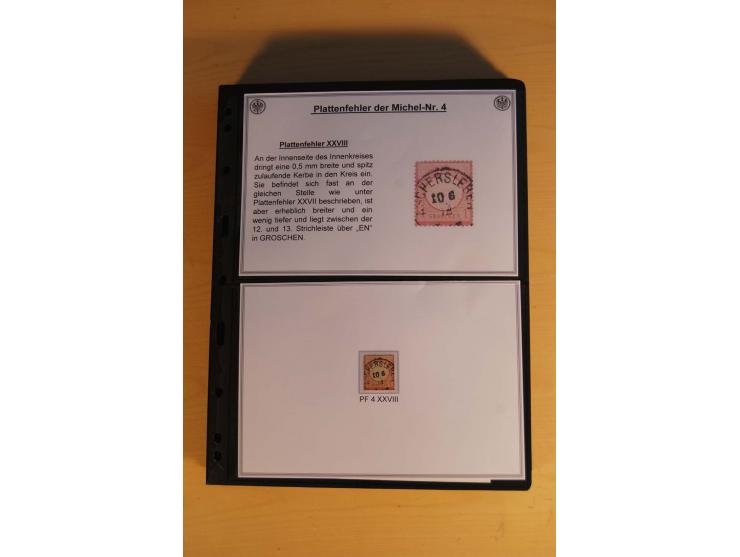 1872/74, große Plattenfehler-Sammlung Brustschilde, gestempelt, in 3 Bänden optisch sehr schön präsentiert mit ca. 300 Platte