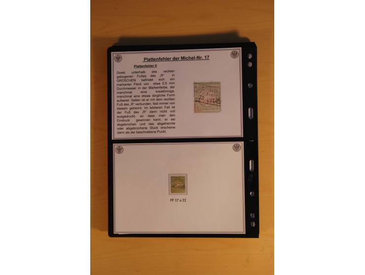 1872/74, große Plattenfehler-Sammlung Brustschilde, gestempelt, in 3 Bänden optisch sehr schön präsentiert mit ca. 300 Platte