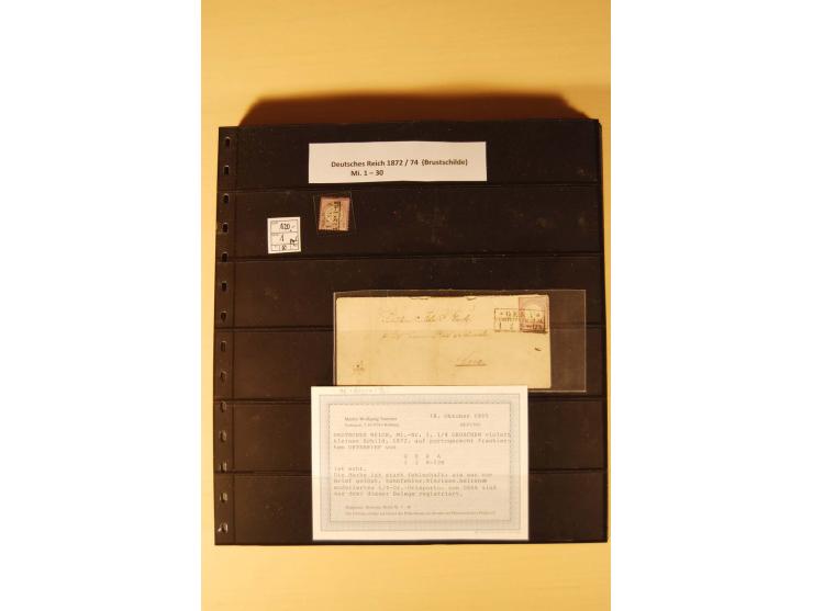 1872/74, Brustschilde-Spezial-Sammlung, überwiegend gestempelt mit ca. 130 Einzelmarken/Briefstücken und 35 Briefen/Karten, d