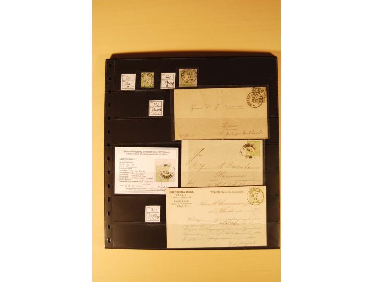 1872/74, Brustschilde-Spezial-Sammlung, überwiegend gestempelt mit ca. 130 Einzelmarken/Briefstücken und 35 Briefen/Karten, d