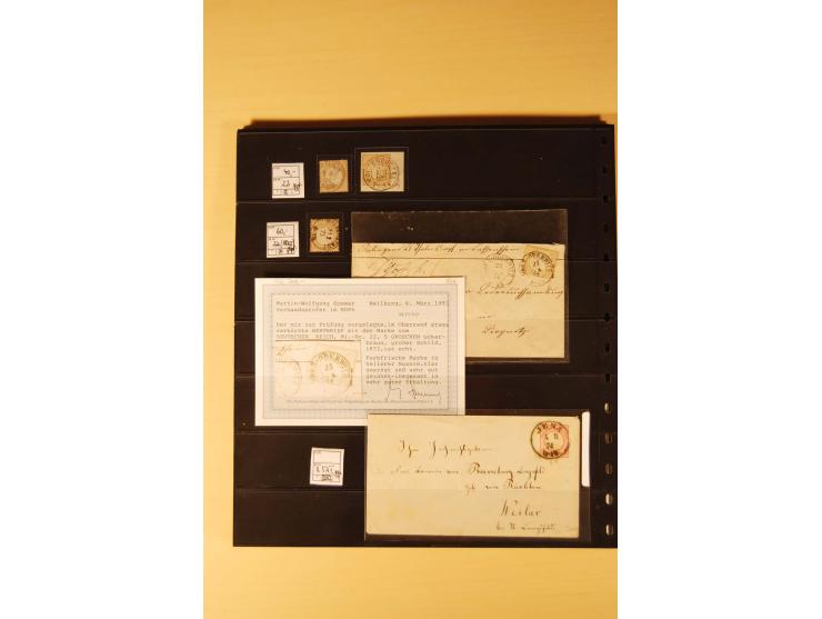 1872/74, Brustschilde-Spezial-Sammlung, überwiegend gestempelt mit ca. 130 Einzelmarken/Briefstücken und 35 Briefen/Karten, d