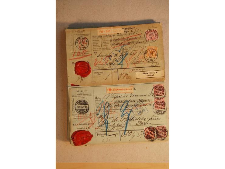 1888/99, 34 Auslands-Paketkarten mit Mi.-Nr. 37, dabei b- und d-Farben, alle für Wertpakete an Gebr. Rothschild in Paris