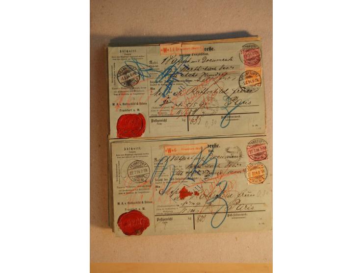 1888/99, 34 Auslands-Paketkarten mit Mi.-Nr. 37, dabei b- und d-Farben, alle für Wertpakete an Gebr. Rothschild in Paris