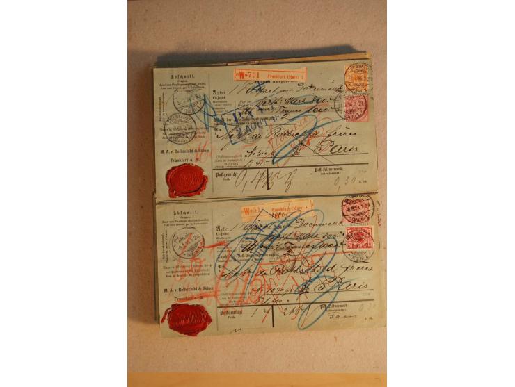 1888/99, 34 Auslands-Paketkarten mit Mi.-Nr. 37, dabei b- und d-Farben, alle für Wertpakete an Gebr. Rothschild in Paris