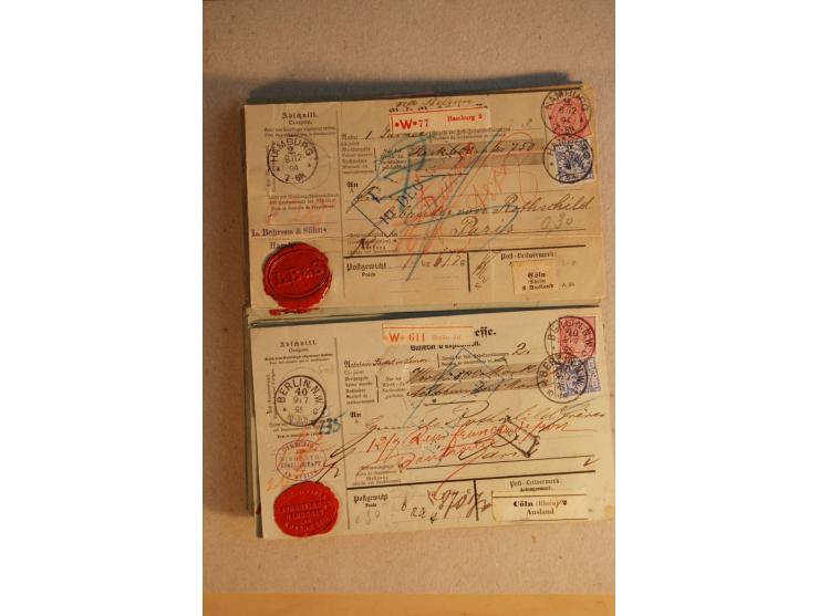 1888/99, 34 Auslands-Paketkarten mit Mi.-Nr. 37, dabei b- und d-Farben, alle für Wertpakete an Gebr. Rothschild in Paris