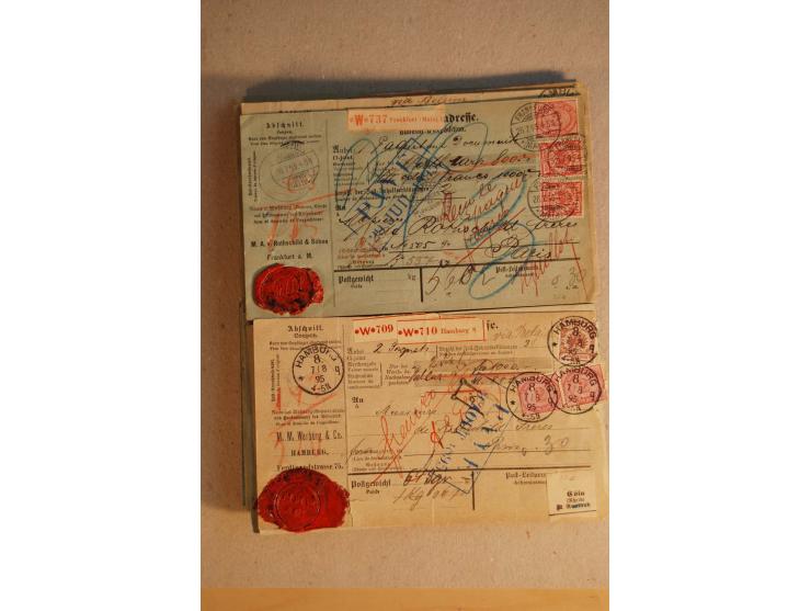 1888/99, 34 Auslands-Paketkarten mit Mi.-Nr. 37, dabei b- und d-Farben, alle für Wertpakete an Gebr. Rothschild in Paris