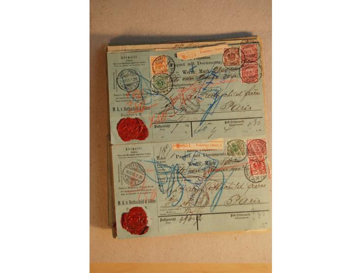 1888/99, 34 Auslands-Paketkarten mit Mi.-Nr. 37, dabei b- und d-Farben, alle für Wertpakete an Gebr. Rothschild in Paris