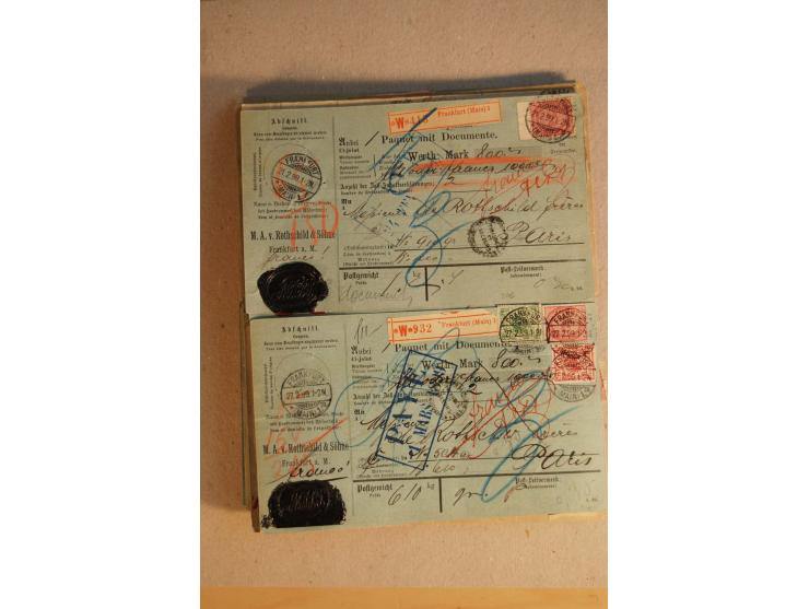 1888/99, 34 Auslands-Paketkarten mit Mi.-Nr. 37, dabei b- und d-Farben, alle für Wertpakete an Gebr. Rothschild in Paris