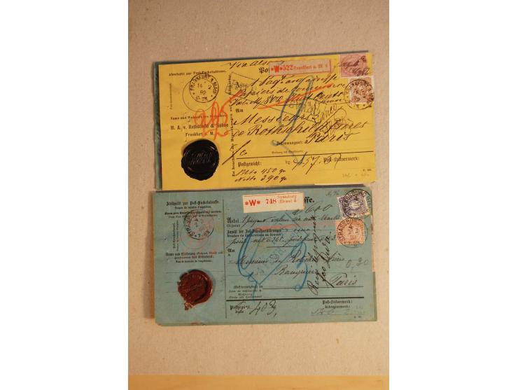 1888/99, 34 Auslands-Paketkarten mit Mi.-Nr. 37, dabei b- und d-Farben, alle für Wertpakete an Gebr. Rothschild in Paris