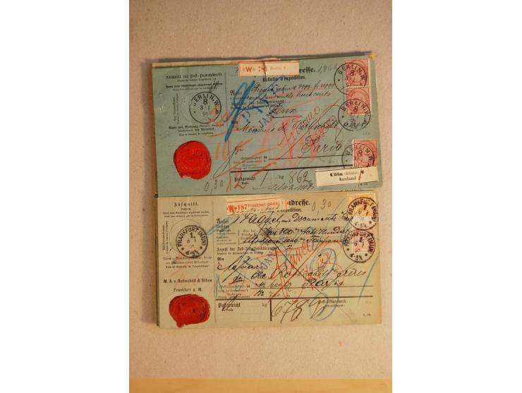 1888/99, 34 Auslands-Paketkarten mit Mi.-Nr. 37, dabei b- und d-Farben, alle für Wertpakete an Gebr. Rothschild in Paris