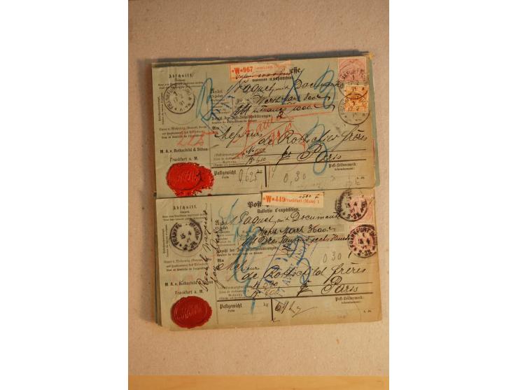 1888/99, 34 Auslands-Paketkarten mit Mi.-Nr. 37, dabei b- und d-Farben, alle für Wertpakete an Gebr. Rothschild in Paris