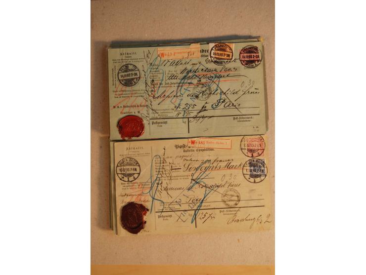 1888/99, 34 Auslands-Paketkarten mit Mi.-Nr. 37, dabei b- und d-Farben, alle für Wertpakete an Gebr. Rothschild in Paris