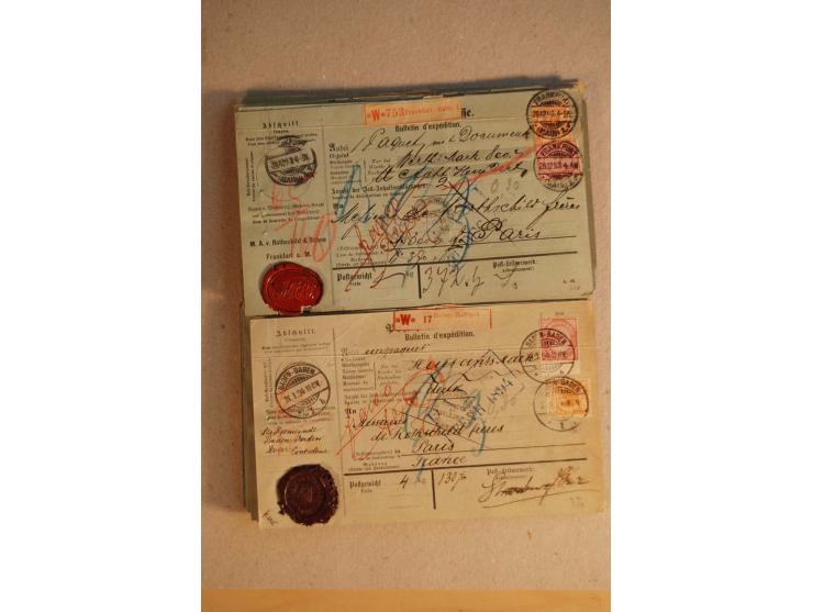 1888/99, 34 Auslands-Paketkarten mit Mi.-Nr. 37, dabei b- und d-Farben, alle für Wertpakete an Gebr. Rothschild in Paris