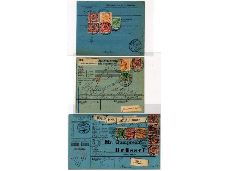 1891, 15 Auslandspaketkarten mit diversen Frankaturen Krone/Adler, dabei Zwischenstegpaare, Mischfrankaturen mit Mi.-Nr. 37 u