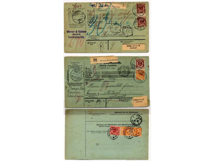 1891, 15 Auslandspaketkarten mit diversen Frankaturen Krone/Adler, dabei Zwischenstegpaare, Mischfrankaturen mit Mi.-Nr. 37 u