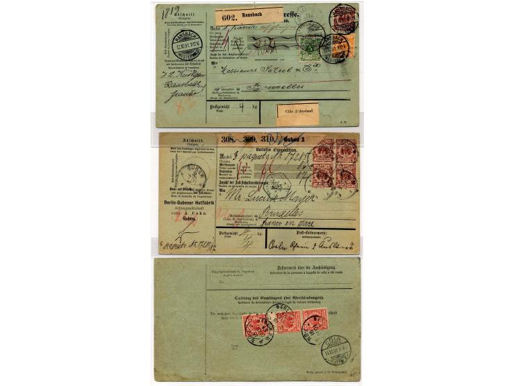1891, 15 Auslandspaketkarten mit diversen Frankaturen Krone/Adler, dabei Zwischenstegpaare, Mischfrankaturen mit Mi.-Nr. 37 u