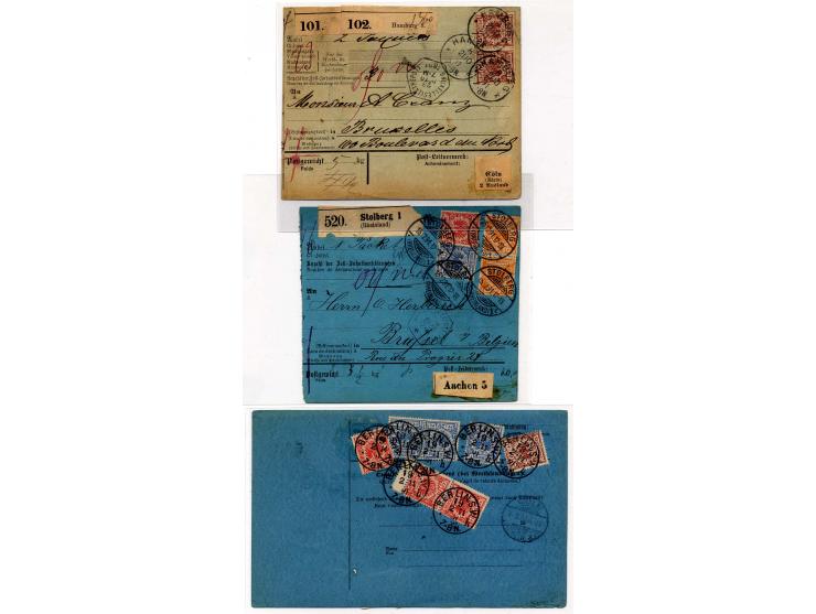 1891, 11 Auslandspaketkarten mit diversen Frankaturen Krone/Adler, dabei Einheiten, Mischfrankatur mit Mi.-Nr. 37 und Farben