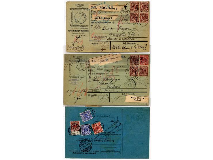 1891, 11 Auslandspaketkarten mit diversen Frankaturen Krone/Adler, dabei Einheiten, Mischfrankatur mit Mi.-Nr. 37 und Farben
