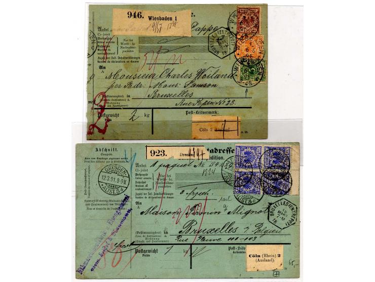 1891, 11 Auslandspaketkarten mit diversen Frankaturen Krone/Adler, dabei Einheiten, Mischfrankatur mit Mi.-Nr. 37 und Farben