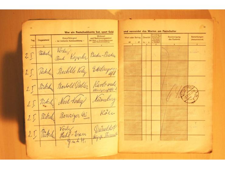 1945/80 (ca.), Posteinlieferungsbuch mit diversen Marken ab Bauten bis Heuss, dabei mehrfach 1 M. Frankaturen für "Stille Ver