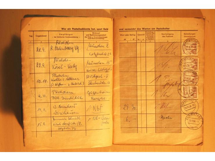 1945/80 (ca.), Posteinlieferungsbuch mit diversen Marken ab Bauten bis Heuss, dabei mehrfach 1 M. Frankaturen für "Stille Ver