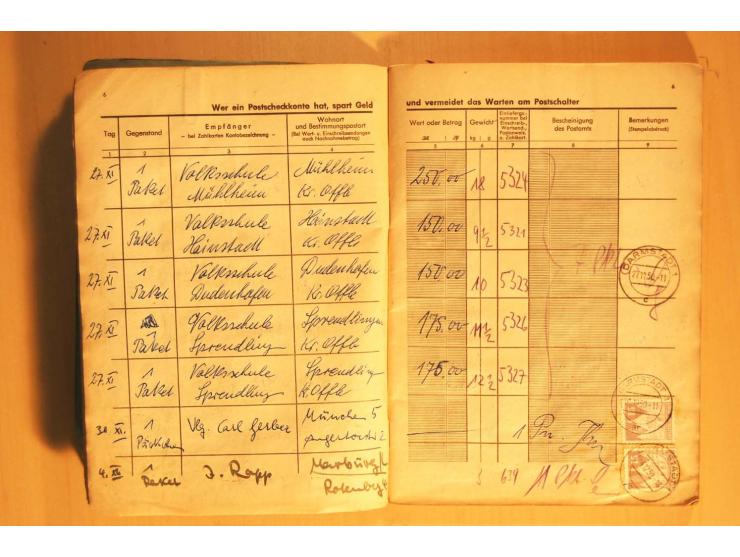 1945/80 (ca.), Posteinlieferungsbuch mit diversen Marken ab Bauten bis Heuss, dabei mehrfach 1 M. Frankaturen für "Stille Ver