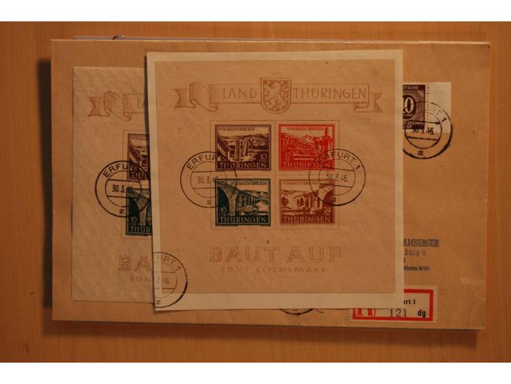 1945/46, postfrische und meist gestempelte kleine Partie, dabei u.a. 2 Großbogen Brückenbau auf dünnem Papier, 8mal Block 4a 