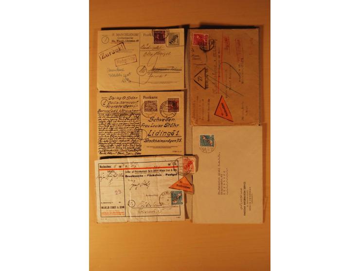 1949/50, Rotaufdruck, über 50 Briefe und Karten mit EF und MEF, R-Briefe, Nachnahme-Briefe und Auslandspost sowie weitere Bes
