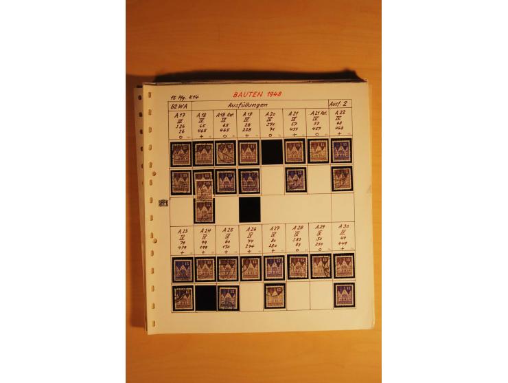 1948, Bauten Spezial-Posten mit angefangenen Plattierungen, Retuschen, Zähnungsvarianten etc., dazu Einsteckbuch mit postfris