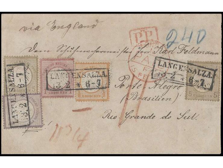 ¼ Gr. grauviolett und 5 Gr. ockerbraun (2) mit Großer Schild ½ Gr. orange und 1 Gr. karmin mit Preußen Ra2 "LANGENSALZA/13.2"