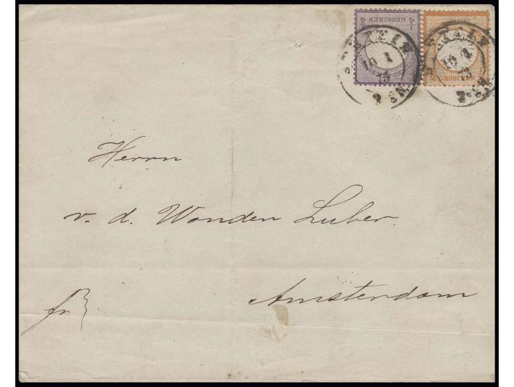 1/4 Gr. grauviolett in Mischfrankatur mit Großer Schild 1/2 Gr. orange mit Stempel "STETTIN 10.1.73" als portogerechte Franka