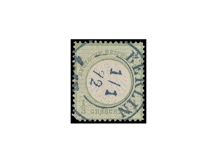 1/3 Gr. grün mit zentrisch sauberem blauem DKr. "BERLIN 1/1 72"; links unten eckrund und kleine helle Stelle, dekorativer Ers