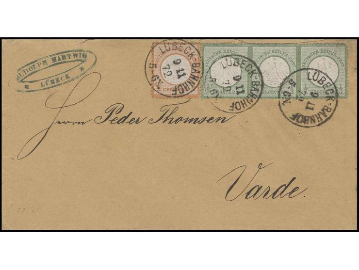 1/3 Gr. dunkelgrün im waagerechten 3er-Streifen etwas rauh gezähnt, und Großer Schild ½ Gr. orange mit klarem EKr. "LÜBECK-BA