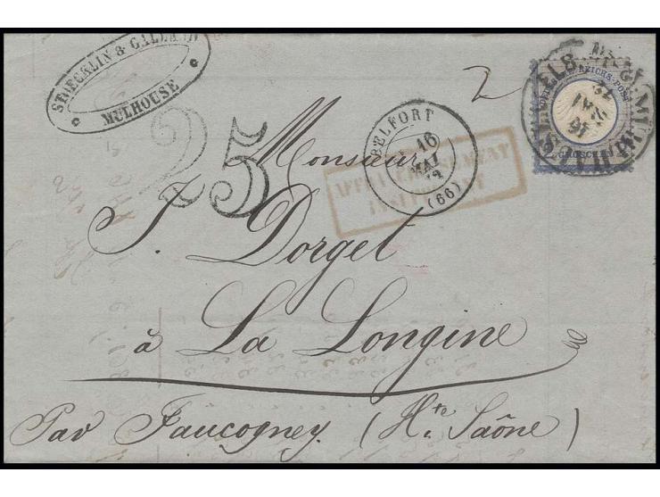 2 Gr. grauultramarin mit Hufeisenstempel "MÜHLHAUSEN i. ELS. 16 MAI 72" auf Faltbrief nach Longine (Fancogney) mit rotem Ra2 