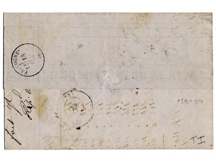 2 Gr. grauultramarin mit Hufeisenstempel "MÜHLHAUSEN i. ELS. 16 MAI 72" auf Faltbrief nach Longine (Fancogney) mit rotem Ra2 