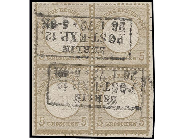 5 Gr. ockerbraun im 4er-Block mit 2mal Preußen-Ra2 "BERLIN / POST-EXP. 12 / 26 1 72" auf Briefstück, Fotoattest Sommer BPP (M