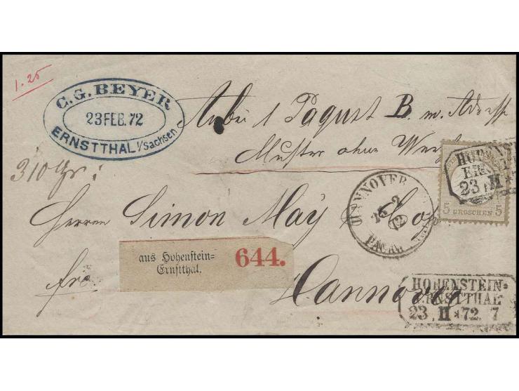 5 Gr. ockerbraun auf Paketbegleitbrief mit Gewichtsangabe 310 g. von "HOHENSTEIN-ERNSTTHAL 23.II.72" mit handschriftlichem Ve