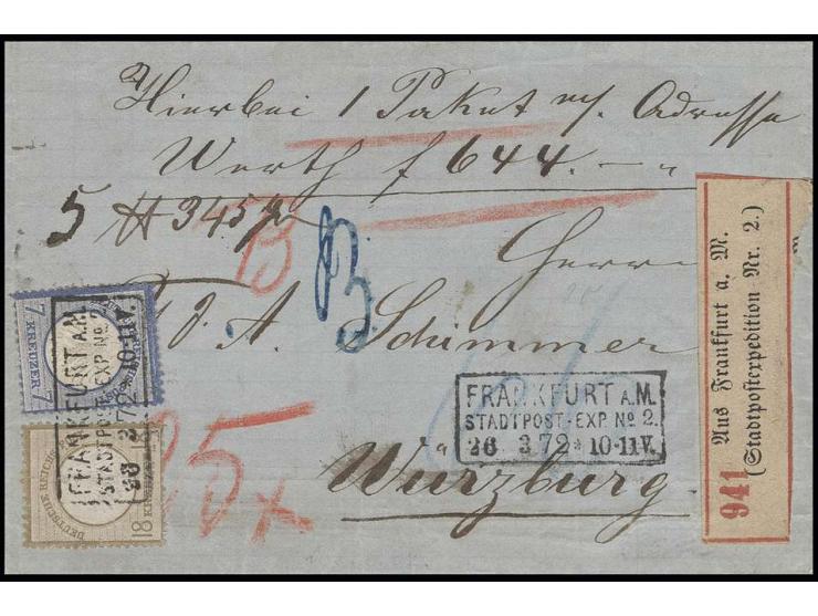 18 Kr. ockerbraun und 7 Kr. ultramarin mit Ra3 "FRANKFURT A.M. 26 3 72" auf Wertpaketbegleitbrief nach Würzburg; 2 Büge durch