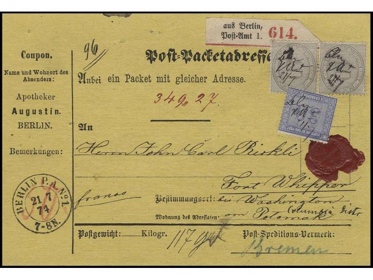 INNENDIENSTMARKEN: 10 Gr. gelblichgrau im senkrechten Paar mit 30 Gr. grauultramarin mit vorschriftsgemäßer handschriftlicher