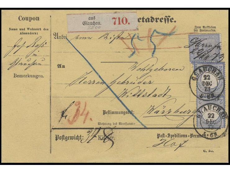 30 Gr. und Großer Schild 2 Gr. im senkrechten Paar auf kpl. Paketkarte mit Coupon von "GLAUCHAU 22 DEC 73" nach Würzburg; ein