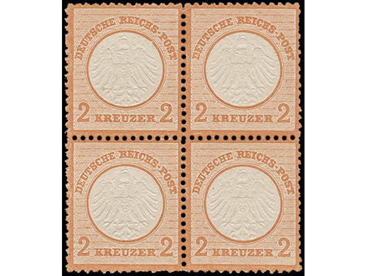 2 Kr. orange im Viererblock, farbfrisch, gut und erhaben geprägt und zentriert sowie sehr gut gezähnt, postfrisch, Kabinett