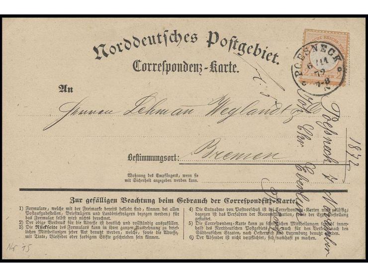  2 Kr. orange, farbfrisch und gut geprägt mit EKr. "POESNECK 6/11 72" auf Karte nach Bremen, Pracht