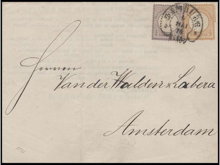 1/4 Gr. grauviolett und 1/2 Gr. orange mit Hufeisenstempel "HAMBURG 9.5.74" (Spalink 17-6) als portogerechte Frankatur auf kp