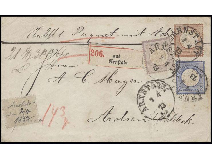 ¼ Gr. grauviolett, 2 Gr. ultramarin und 2½ Gr. rötlichbraun in Mischfrankatur mit NDP 10 Gr. gelblichgrün auf Paketbegleitbri