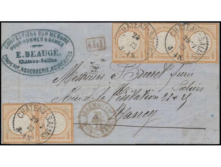 ½ Gr. orange, waagerechter 3er-Streifen und Paar mit EKr. "CHATEAU-SALINS 29 12 73" auf Grenzrayon-Faltbrief nach Nancy, teil