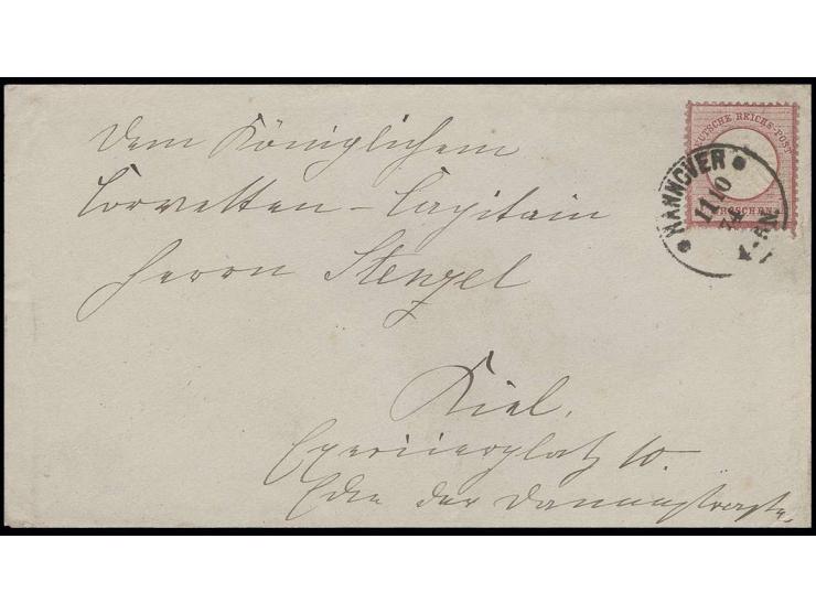 1874, 1 Gr. mit EKr. "HANNOVER 11 10 74" auf Brief "An den königlichen Corvetten-Capitain Herrn Stenzel" nach Kiel, seltener 