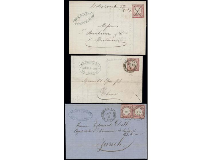 1 Gr. rötlichkarmin mit handschriftlicher Federkreuzentwertung und nebengesetztem Aufgabevermerk "Bitschweiler 25/4 72" auf B
