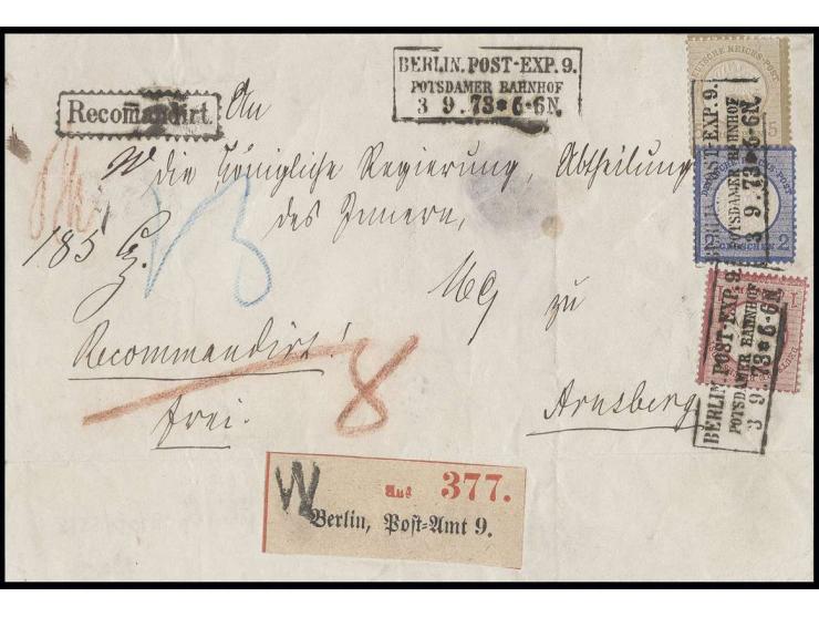 1 Gr. karmin, 2 Gr. ultramarin und 5 Gr. ockerbraun mit klaren Ra3 "BERLIN POST-EXP.9/POTSDAMER BAHNHOF/3 9.73" auf eingeschr