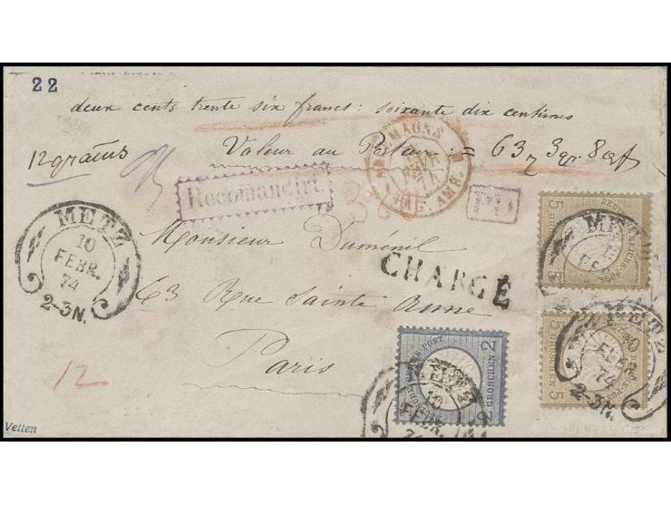 2 Gr. grauultramarin und 5 Gr. ockerbraun (2, ein Zahn kurz) mit Hufeisenstempel "METZ 10 FEBR. 74" (Spalink-Nr. 25-1) auf We
