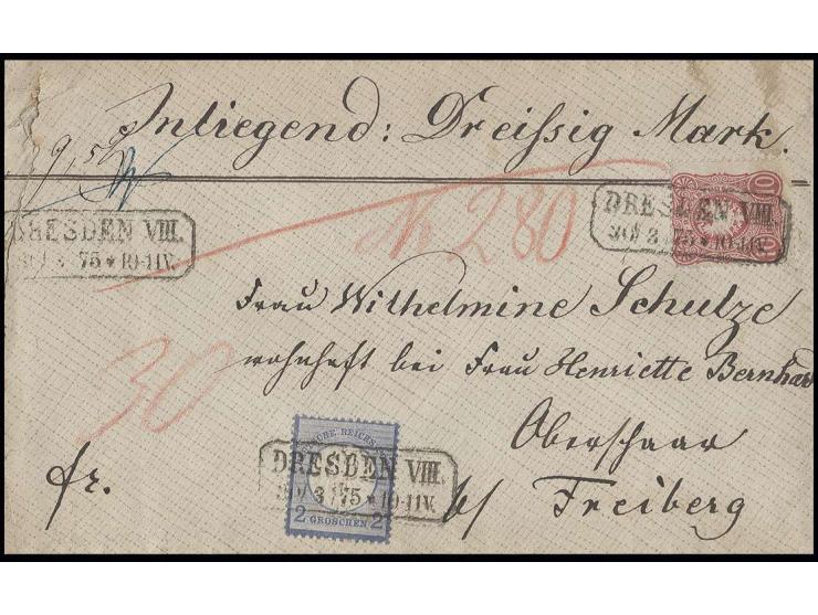 2 Gr. dunkelgraublau in Mischfrankatur mit 1875, 10 Pfge. lilarot (etwas fehlerhaft), jeweils entwertet mit nachverwendetem S